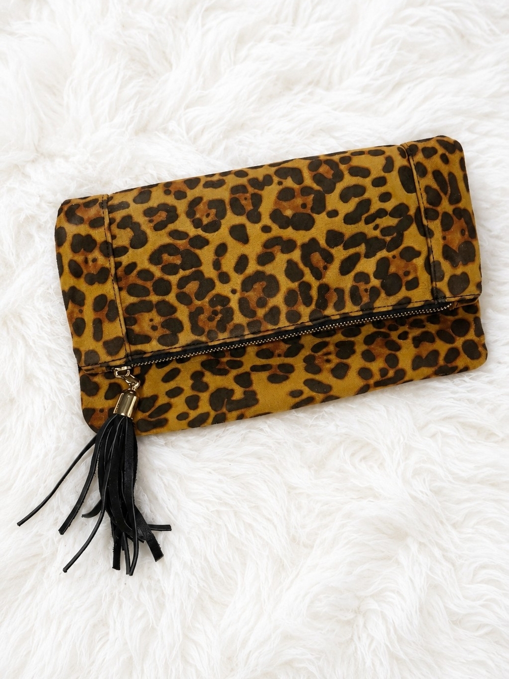 Sole Society Tasseled Leopard Foldover Clutch